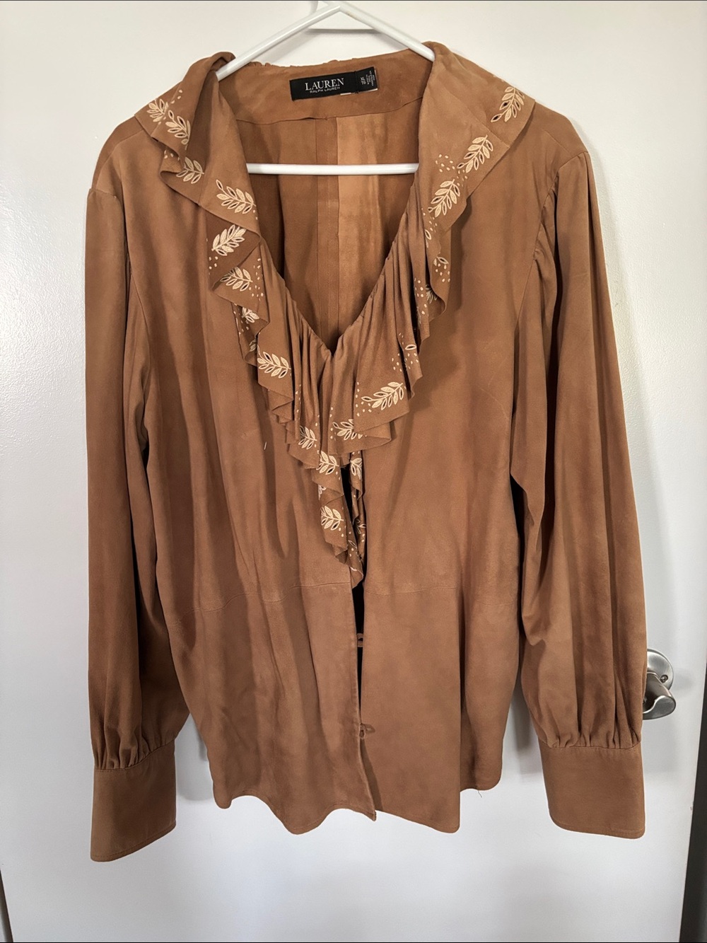 Lauren Ralph Lauren Brown Ruffle Front Blouse with Cream Leaf Embroidery